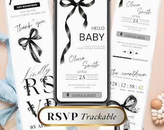 Black Bow Baby Shower Invitation, Editable RSVP Trackable Digital Invite, Modern Minimal Baby Shower Canva Template, BLK11
