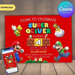 編集可能なスーパーマリオ誕生日招待状 マリオブラザーズデジタル招待状誕生日テンプレート スーパーマリオ招待誕生日招待状印刷可能