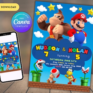 Invitation d’anniversaire pour frères et sœurs Super Mario | Invitation d’anniversaire commune | Invitation d’anniversaire jumelle | Invitation d'anniversaire imprimable modifiable