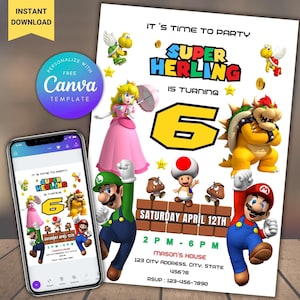 編集可能なスーパーマリオ誕生日招待状 マリオブラザーズデジタル招待状誕生日テンプレート スーパーマリオ招待誕生日招待状印刷可能
