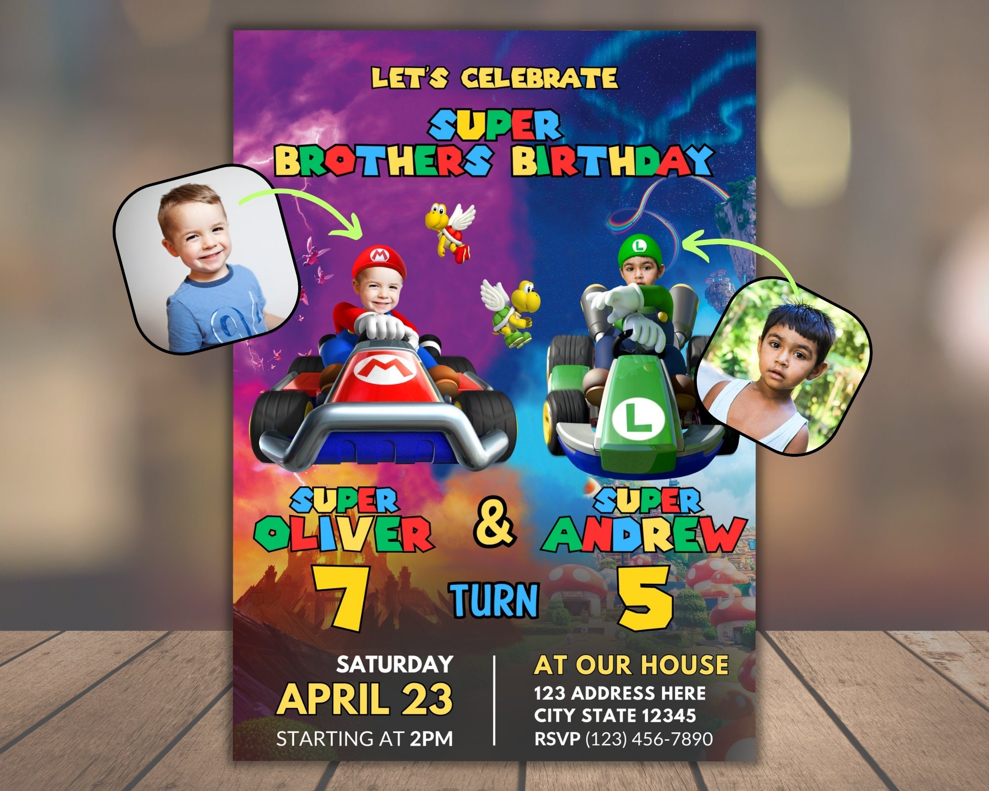 Super Mario Sibling Birthday Invitation with photo Joint Birthday Invitation Twin Birthday Invitation Editable Printable Birthday Invitation