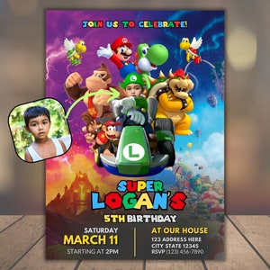 写真付きスーパールイージ誕生日招待状 | スーパーマリオルイージの即時ダウンロード | スーパーブラザーズボーイ招待状 | 印刷可能な誕生日招待状