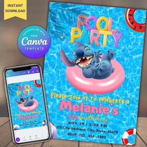 Bewerkbare sjabloon poolfeest verjaardagsuitnodiging, cartoon verjaardagsuitnodiging, Stitch verjaardag zwembadfeestuitnodiging, Stitch verjaardagsuitnodiging