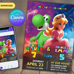 Yoshi und Princess Peach Geschwister Geburtstagseinladung | Gemeinsame Geburtstagseinladung | Zwillingsgeburtstag | Bearbeitbare druckbare Geburtstagseinladung