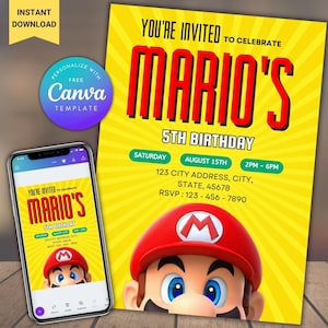 編集可能なスーパーマリオ誕生日招待状 マリオブラザーズデジタル招待状誕生日テンプレート スーパーマリオ招待誕生日招待状印刷可能