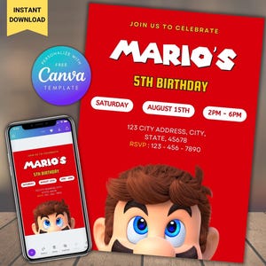編集可能なスーパーマリオ誕生日招待状 マリオブラザーズデジタル招待状誕生日テンプレート スーパーマリオ招待誕生日招待状印刷可能