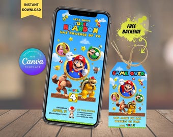 Invitation numérique modifiable d'anniversaire de Super Mario + étiquette de remerciement, modèle de toile d'invitation mobile de fête d'anniversaire de dessin animé