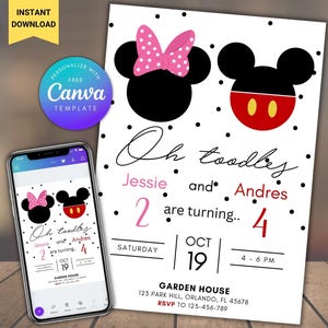 Invitation de fête d'anniversaire modifiable Mickey et Minnie, frères et sœurs, double invitation d'anniversaire, invitation d'anniversaire commune, invitation d'anniversaire de jumeaux