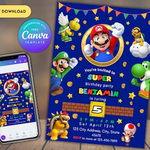 Invitation d'anniversaire de Super Mario | faire-part d'anniversaire | Invitation Super Mario | Modèle d'anniversaire imprimable imprimable pour faire-part de Mario