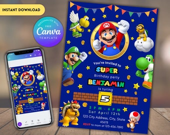Super Mario Geburtstagseinladung: Bearbeitbare Canva-Vorlage (Digitaler Download)
