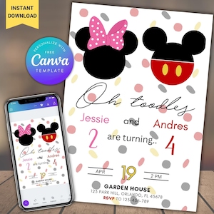 Invitation de fête d'anniversaire modifiable Mickey et Minnie, frères et sœurs, double invitation d'anniversaire, invitation d'anniversaire commune, invitation d'anniversaire de jumeaux
