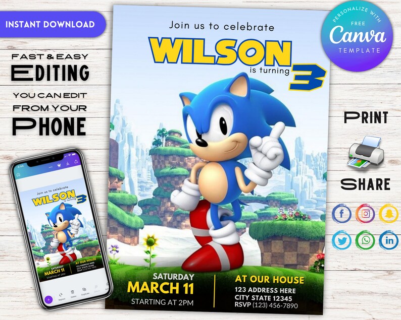 Editable Sonic Birthday Invitation Digital Template Sonic Etsy