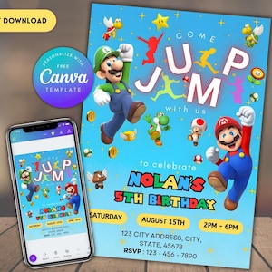 編集可能なスーパーマリオ誕生日ジャンプパーティー招待状レッツジャンプパーティーマリオブラザーズデジタル招待状スーパーマリオ誕生日招待状