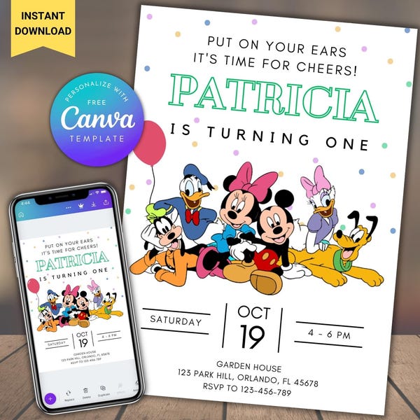 Invitación de cumpleaños de Mickey Mouse: Plantilla editable de Canva (digital)