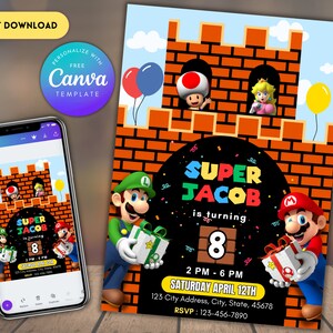 Invitation d'anniversaire Super Mario | Invitation d'anniversaire | Invitation Super Mario | Modèle d'anniversaire d'invitation Mario imprimable modifiable