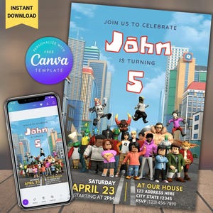 Editable Roblox Birthday Invitation Template Printable Birthday Party Invitations Digital Roblox Party Invitation Digital birthday Card