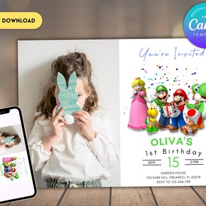 Photo d'invitation d'anniversaire Super Mario | Invitation d'anniversaire | Invitation Super Mario | Modèle d'anniversaire d'invitation Mario imprimable modifiable