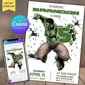 Modelo de convite de festa de aniversário do Hulk, convite de aniversário do Hulk, convite de aniversário editável de super-heróis, convite de festa para impressão do Hulk