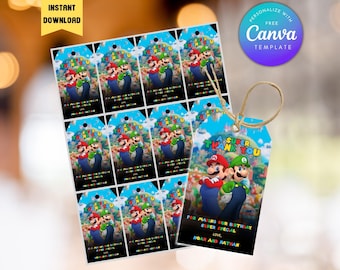 Super Mario Birthday Thank You Tags, Twins Party Favors (Canva Template Digital Download)
