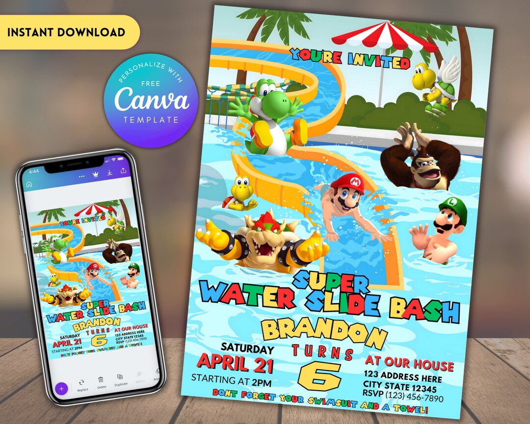 Super Mario Birthday Invitation, Birthday Invitation, Mario Waterslide Invitation, Editable ...