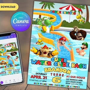 May include: A vibrant invitation for a Super Water Slide Bash, featuring cartoon characters in a water park setting. The design includes the text "You're Invited" and event details, with a Canva template option for customization. A smartphone displays the same design.