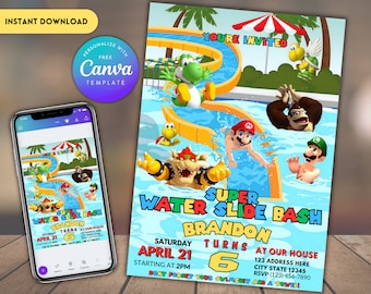 Super Mario Waterslide Birthday Invitation, Editable Mario Pool Party Invite Canva Template, Cartoon Bday Digital Evite