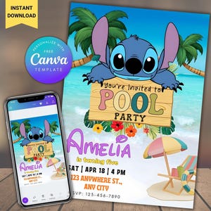 Bewerkbare sjabloon poolfeest verjaardagsuitnodiging, cartoon verjaardagsuitnodiging, Stitch verjaardag zwembadfeestuitnodiging, Stitch verjaardagsuitnodiging