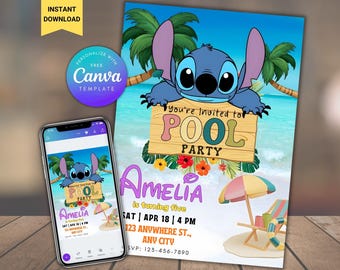 May include: A blue Stitch character from Disney's Lilo & Stitch is holding a wooden sign that says "You're Invited to Pool Party". The invitation is for Amelia's 5th birthday pool party. The invitation has a tropical theme with palm trees, flowers, and a beach scene.