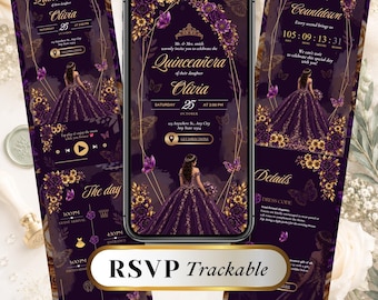 Royal Purple & Gold Quinceañera Digital Invitation, RSVP Website, Editable Canva 15 Años Template