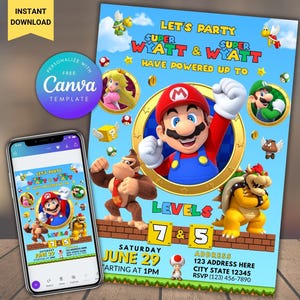 Super Mario Sibling Geburtstagseinladung Mario Gemeinsame Party-Einladung Mario Twin Geburtstag einladen, Mario Digital Geburtstagseinladung