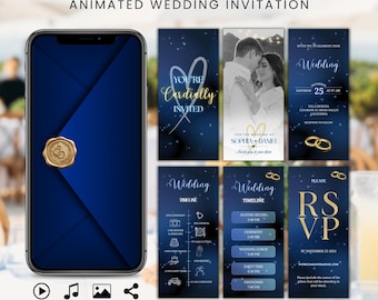 Blue Animated Wedding Invitation Video, Editable Wedding Website with RSVP, Luxury Digital Invite Canva Template, Modern Wedding Invitation