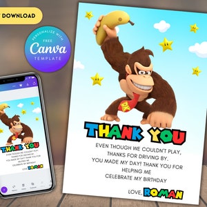 Editable Donkey Kong Thank You Card: Kong Birthday Party (Digital Template)