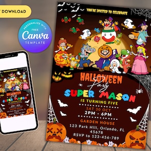 編集可能なスーパーマリオハロウィーン誕生日招待状 | マリオブラザーズインスタントダウンロード | スーパーブラザーズボーイ招待 | 印刷可能な誕生日招待状