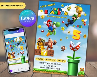 Super Mario Geburtstagseinladung: Bearbeitbare Canva-Vorlage (Digitaler Download)