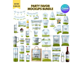 Party Favor Mockup Bundle Canva Templates | Chocolate Bar, Juice Pouch, Chip Bag, Water Bottle & Party Supply Mockups | Digital Download