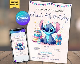 May include: A pink and blue birthday invitation with a cartoon Stitch character from Lilo & Stitch. The invitation says "Please join us to celebrate Olivia's 4th Birthday".