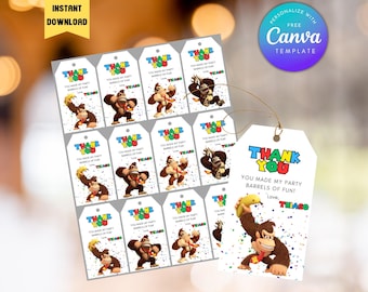 Editable Donkey Kong Birthday Thank You Tags: Personalized Favor Tags (Digital Download)