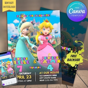 Edytowalne zaproszenie na przyjęcie urodzinowe dla rodzeństwa Peach i Rosalina z odwrotną stroną do pobrania, zaproszenie do druku i cyfrowe dla bliźniaków