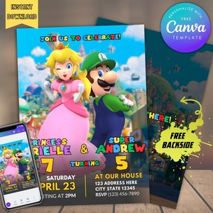 Bearbeitbare Geschwister Peach und Luigi Geburtstagsfeier Einladung mit Rückseite zum sofortigen Download, Zwillinge druckbare & digitale Einladung