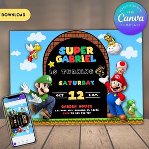 編集可能なスーパーマリオ誕生日招待状 マリオブラザーズデジタル招待状誕生日テンプレート スーパーマリオ招待誕生日招待状印刷可能