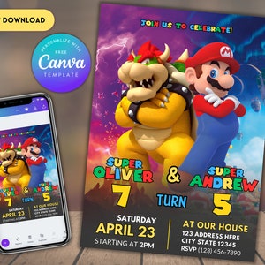 Mario und Bowser Geschwister Geburtstagseinladung | Gemeinsame Geburtstagseinladung | Zwillings-Geburtstags-Einladung | Bearbeitbare druckbare Geburtstagseinladung