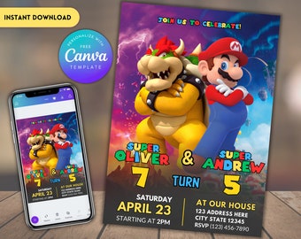 Mario & Bowser Siblings Birthday Invitation: Twin Party (Editable Canva Template)