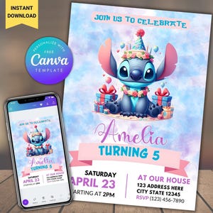Bearbeitbare Stitch-Geburtstagsfeier-Einladungsvorlage, Cartoon-Geburtstags-Einladung, Stitch-Geburtstags-pool-Partyeinladung, Stitch Bday evite