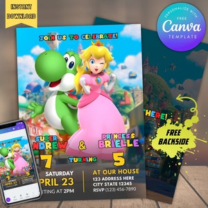 Edytowalne zaproszenie na przyjęcie urodzinowe dla rodzeństwa Yoshi i księżniczki Peach z odwrotną stroną do pobrania, zaproszenie urodzinowe do druku dla bliźniaków