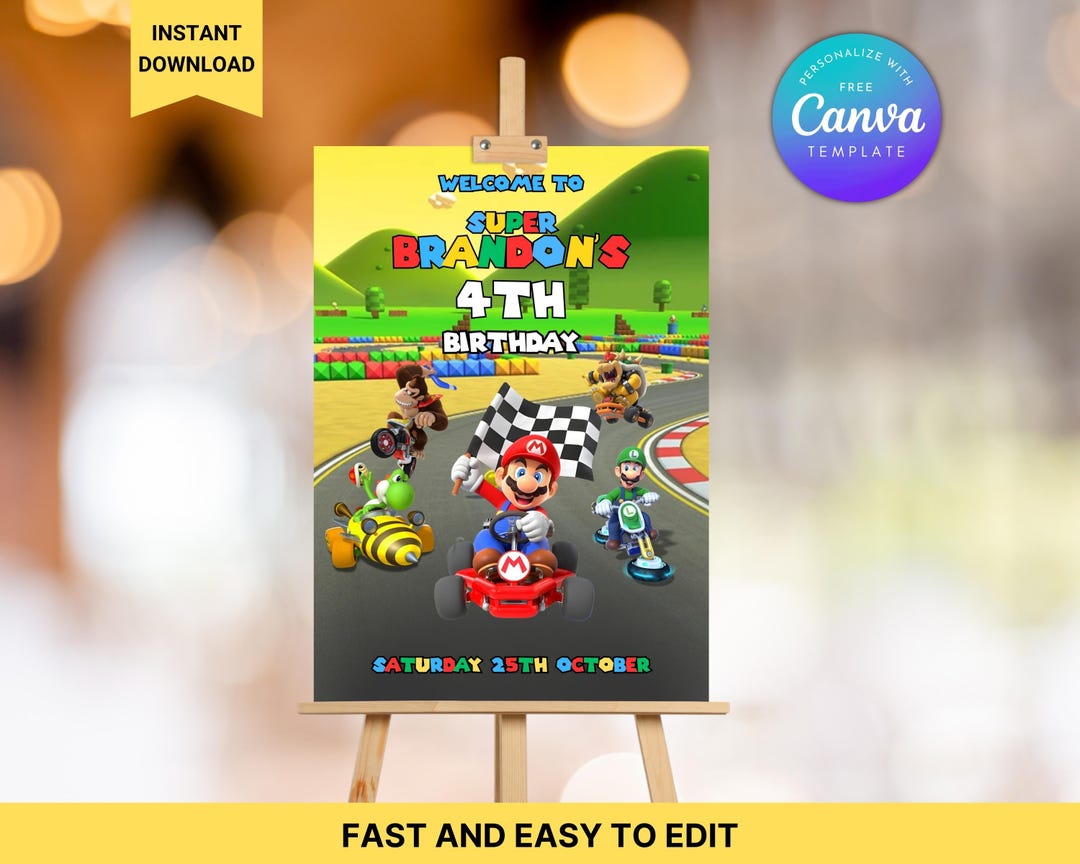 Loading Sign Mario Kart Editable Super Mario Kart Welcome Sign Canva Template, Bros Brothers ...