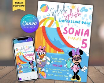 Minnie Mouse Waterslide Birthday Invitation Printable , Daisy Birthday Pool Party Digital Invite