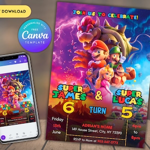 Invitation d'anniversaire de frère et sœur de Super Mario | faire-part d'anniversaire commun | Invitation d'anniversaire de jumeaux | Faire-part d'anniversaire imprimable modifiable