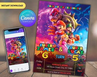 Super Mario Siblings Birthday Invitation: Joint or Twin Party (Editable Canva Template)