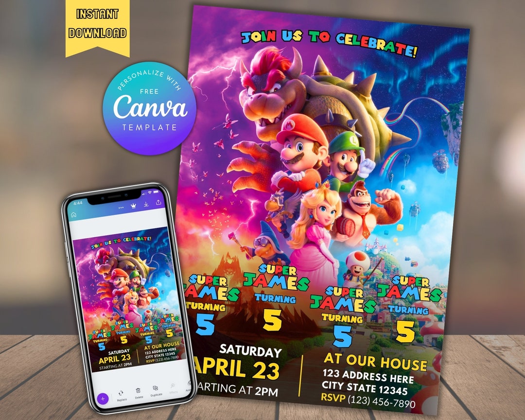 Editable Super Mario Quadruple Birthday Invitation Template Joint Birthday Invitation Party for ...