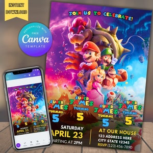 Modèle modifiable d'invitation d'anniversaire Super Mario quadruple, fête d'invitation d'anniversaire conjointe pour 4 enfants, invitation d'anniversaire imprimable de Mario